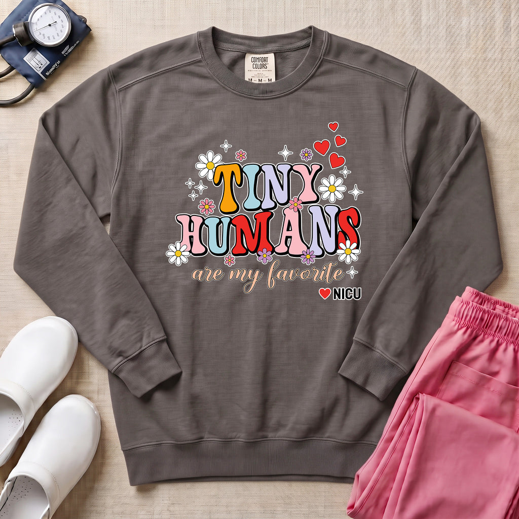 Tiny Humans Are My Favorite Retro NICU Nurse Sweatshirt - Pepper Lifestyle Hero Mockup | HugTee