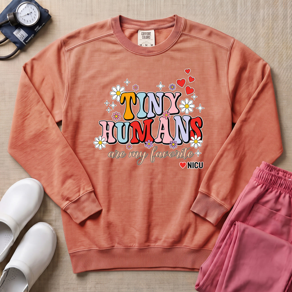 Tiny Humans Are My Favorite Retro NICU Nurse Sweatshirt - Terracotta Comfort Colors Sweatshirt | HugTee