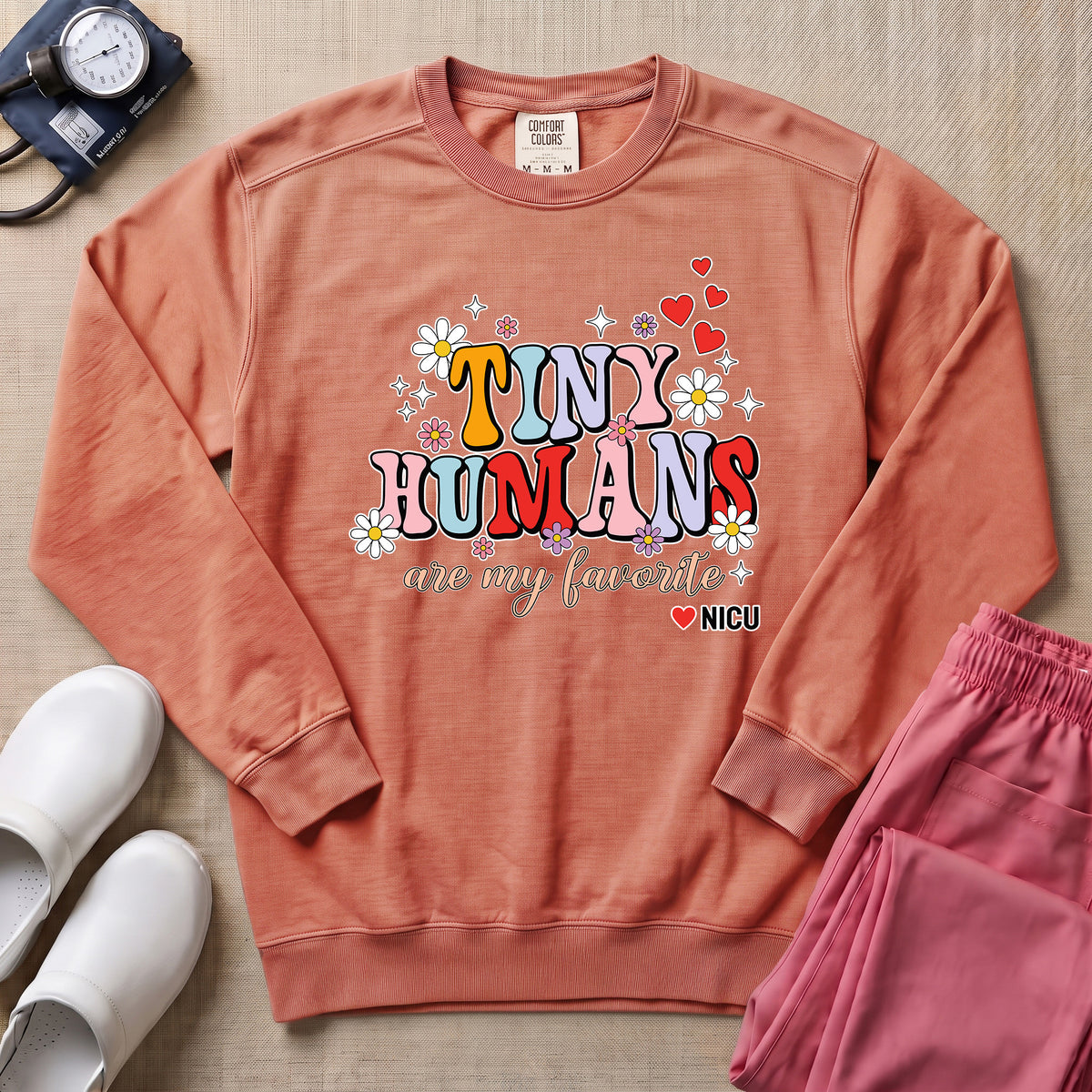 Tiny Humans Are My Favorite Retro NICU Nurse Sweatshirt - Terracotta Comfort Colors Sweatshirt | HugTee
