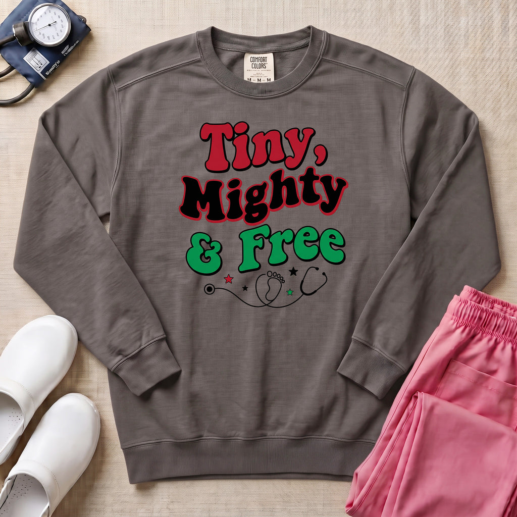 Tiny Mighty And Free Juneteenth NICU Nurse Sweatshirt - Pepper Lifestyle Hero Mockup | HugTee