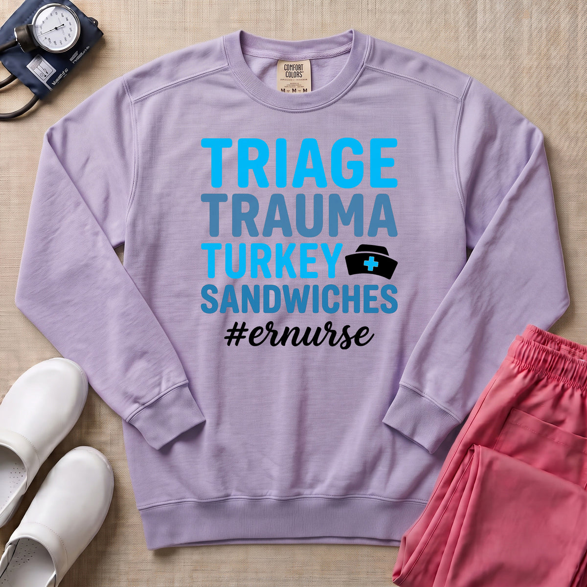 Funny Triage Trauma Turkey Sandwiches ER Nurse Sweatshirt - Orchid Comfort Colors Sweatshirt | HugTee