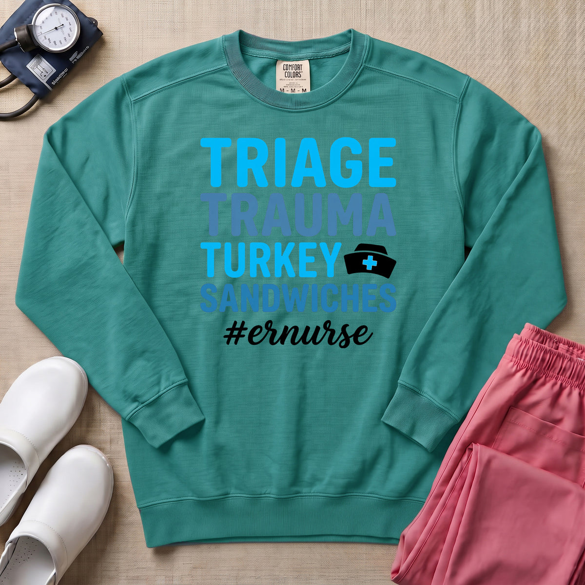 Funny Triage Trauma Turkey Sandwiches ER Nurse Sweatshirt - Seafoam Comfort Colors Sweatshirt | HugTee