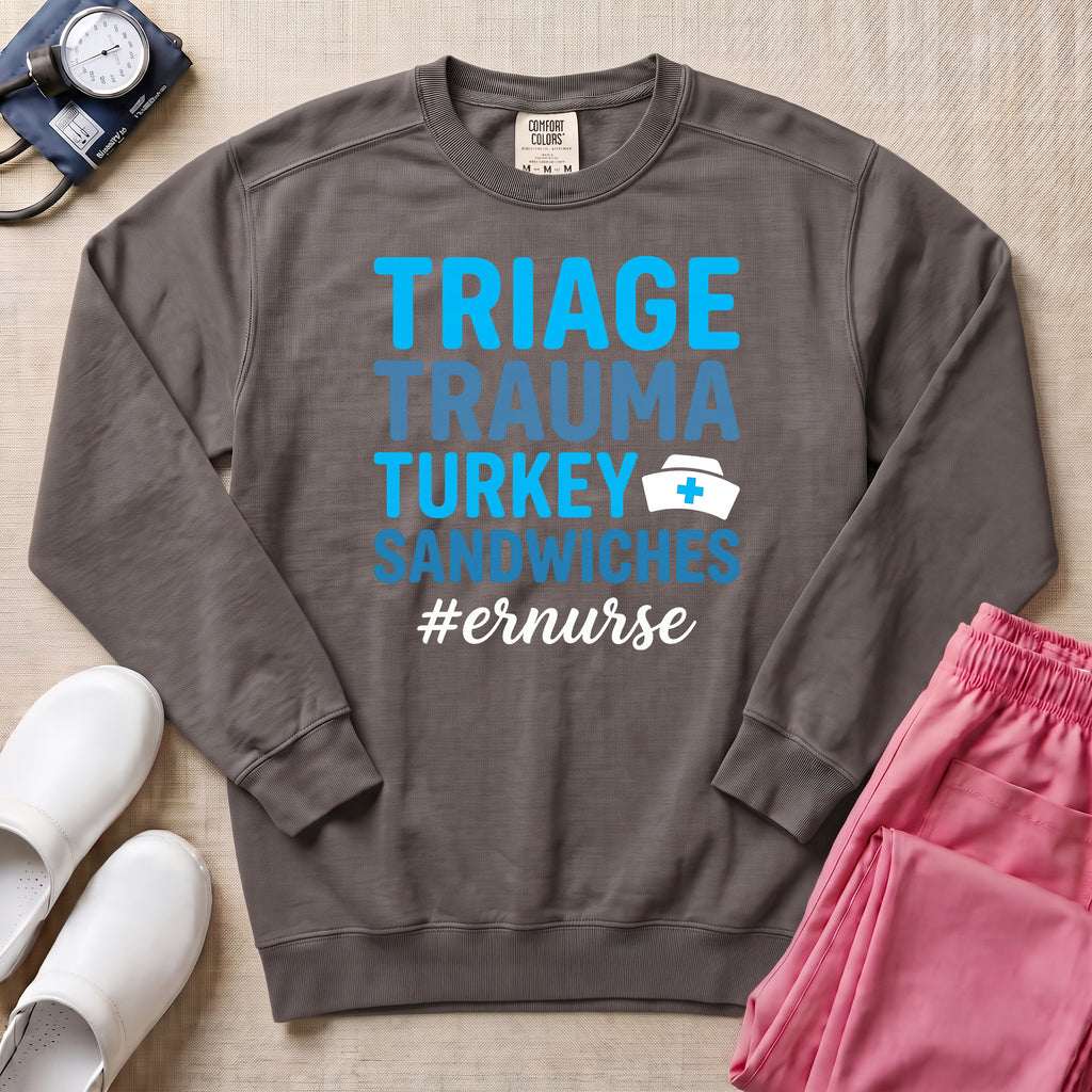 Funny Triage Trauma Turkey Sandwiches ER Nurse Sweatshirt - Pepper Lifestyle Hero Mockup | HugTee