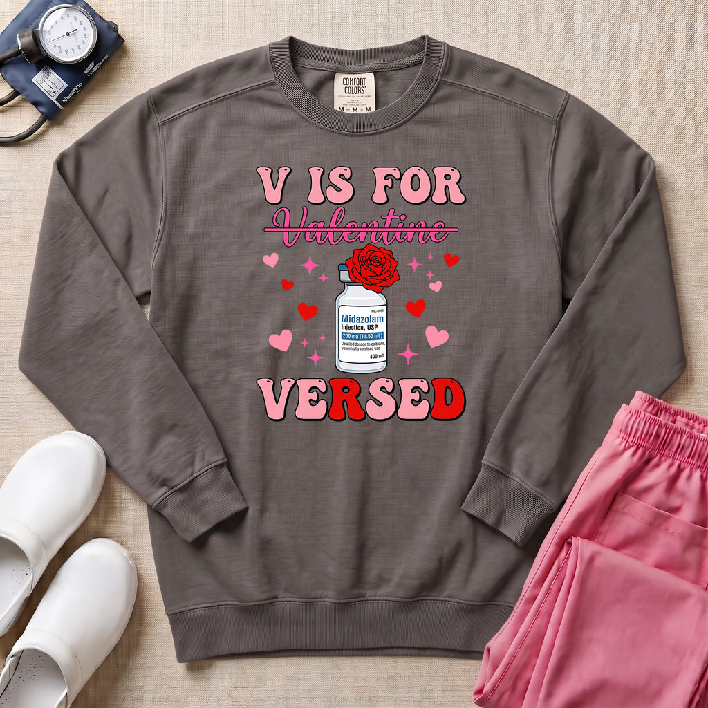 Funny V Is For Versed Midazolam ER ICU Nurse Valentine's Day Sweatshirt - Pepper Lifestyle Hero Mockup | HugTee