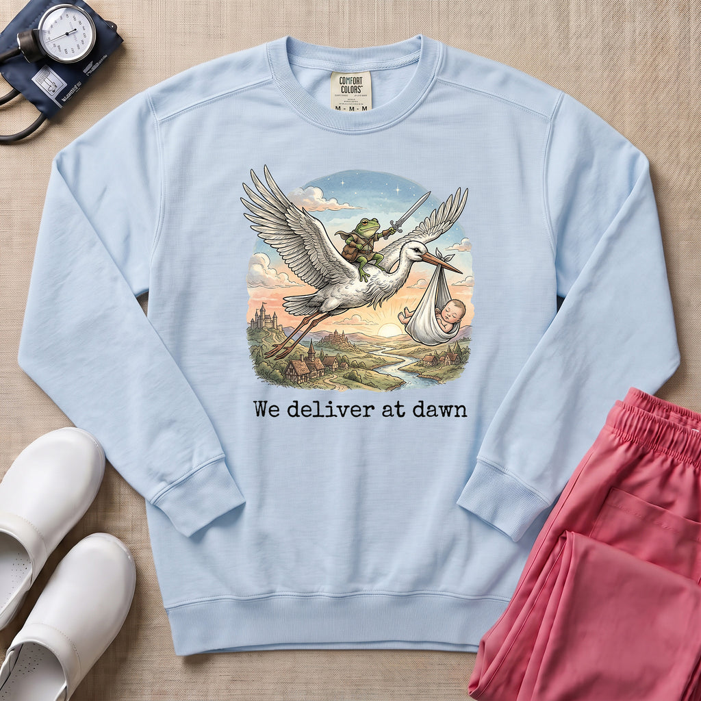 L&D We Deliver At Dawn Stork And Frog Nurse Sweatshirt - Chambray Comfort Colors Sweatshirt | HugTee