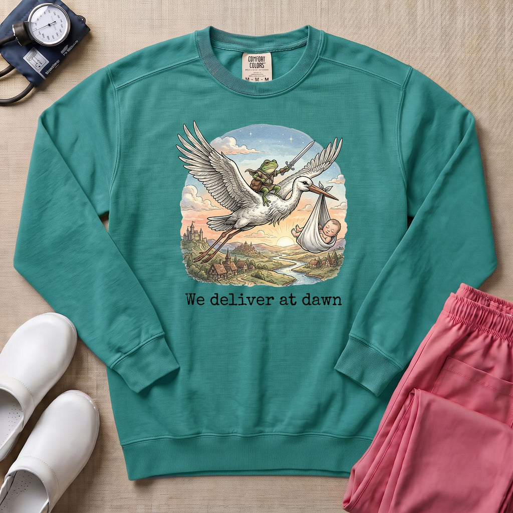 L&D We Deliver At Dawn Stork And Frog Nurse Sweatshirt - Seafoam Comfort Colors Sweatshirt | HugTee