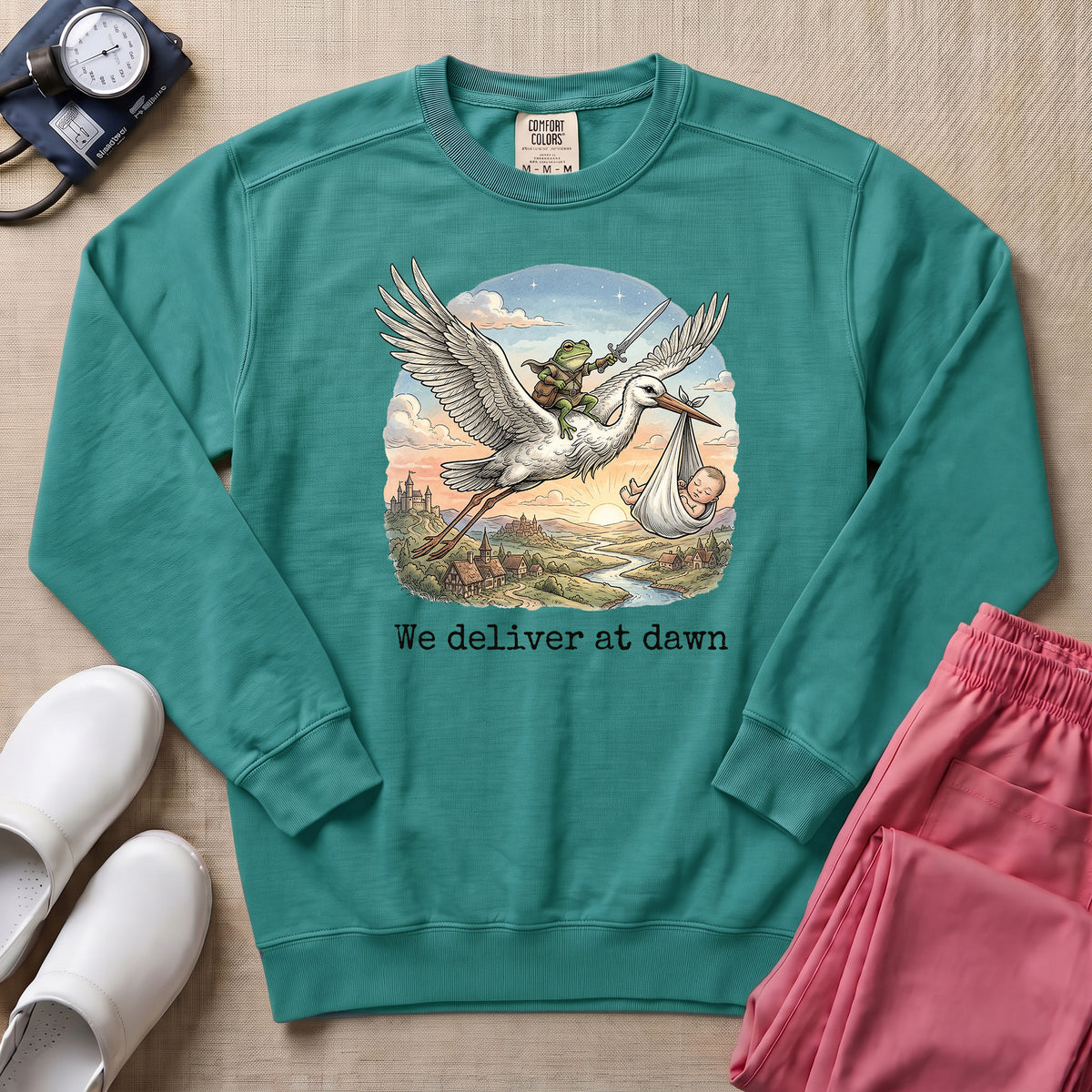 L&D We Deliver At Dawn Stork And Frog Nurse Sweatshirt - Seafoam Comfort Colors Sweatshirt | HugTee