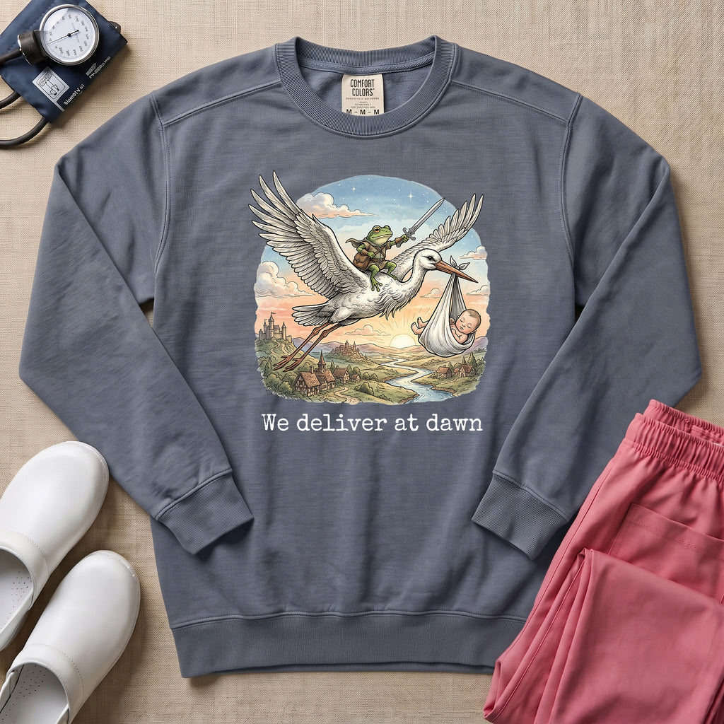 L&D We Deliver At Dawn Stork And Frog Nurse Sweatshirt - Blue Jean Comfort Colors Sweatshirt | HugTee