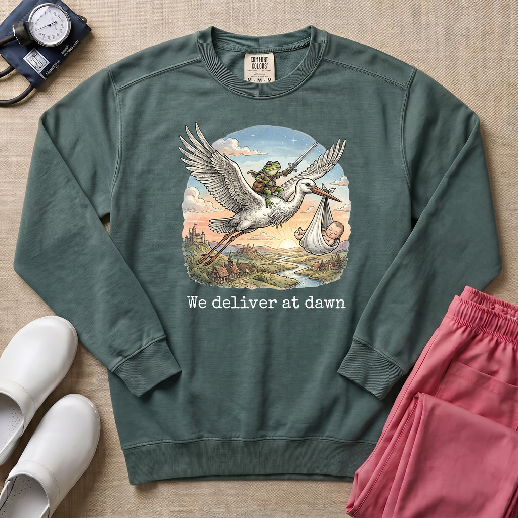 L&D We Deliver At Dawn Stork And Frog Nurse Sweatshirt - Blue Spruce Comfort Colors Sweatshirt | HugTee