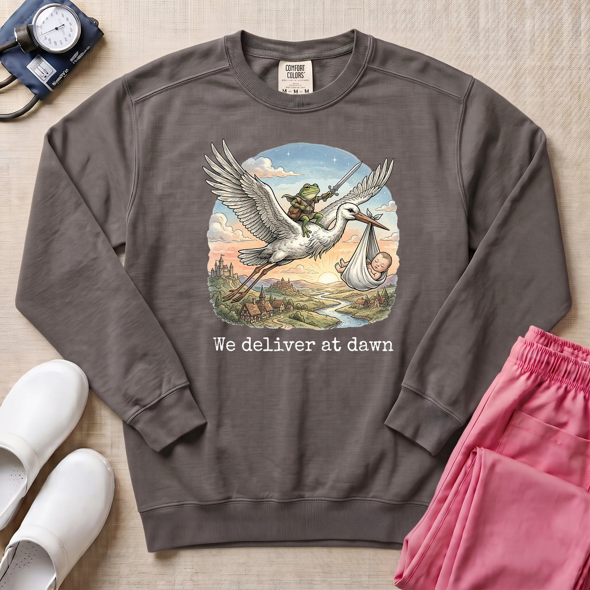 L&D We Deliver At Dawn Stork And Frog Nurse Sweatshirt - Pepper Lifestyle Hero Mockup | HugTee