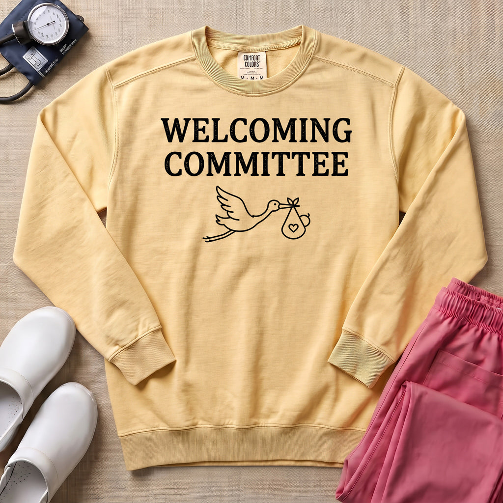 Welcoming Committee Stork Sweatshirt - Butter Comfort Colors Sweatshirt | HugTee
