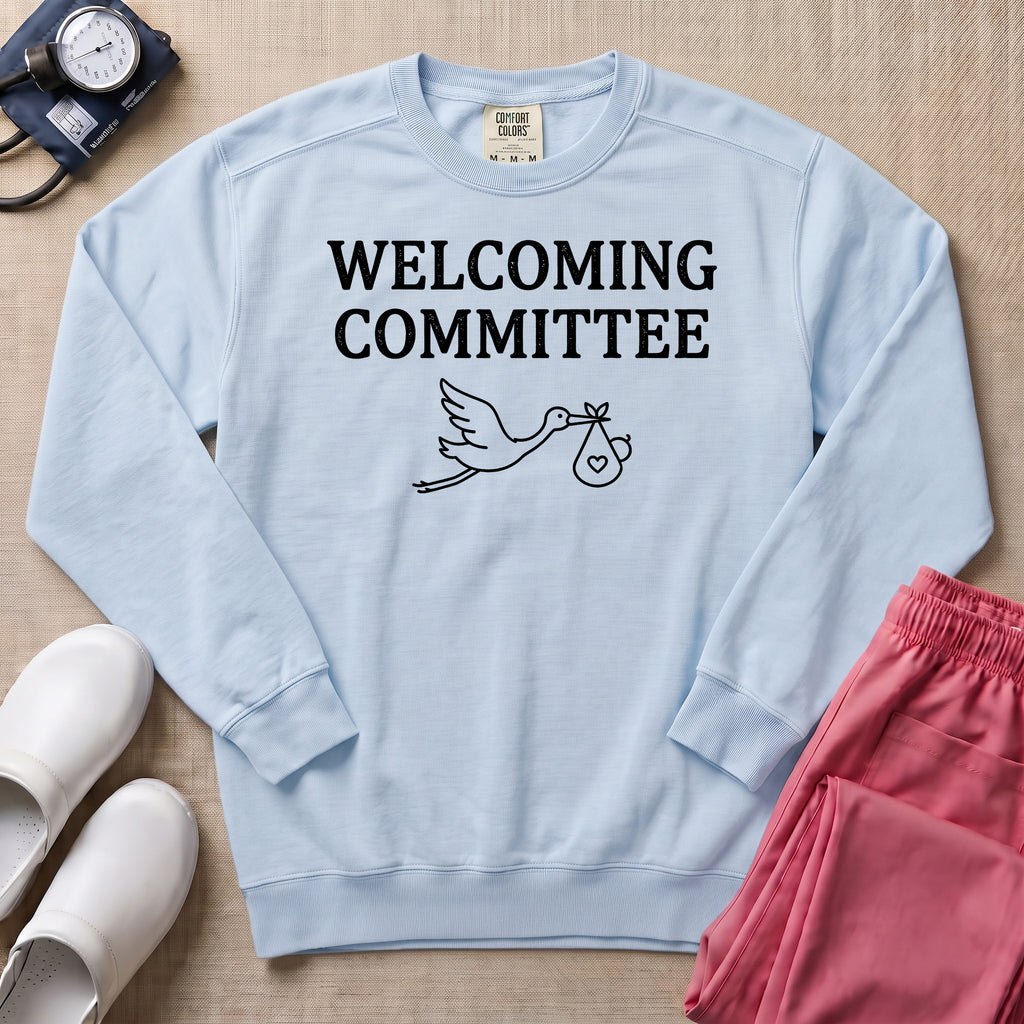 Welcoming Committee Stork Sweatshirt - Chambray Comfort Colors Sweatshirt | HugTee
