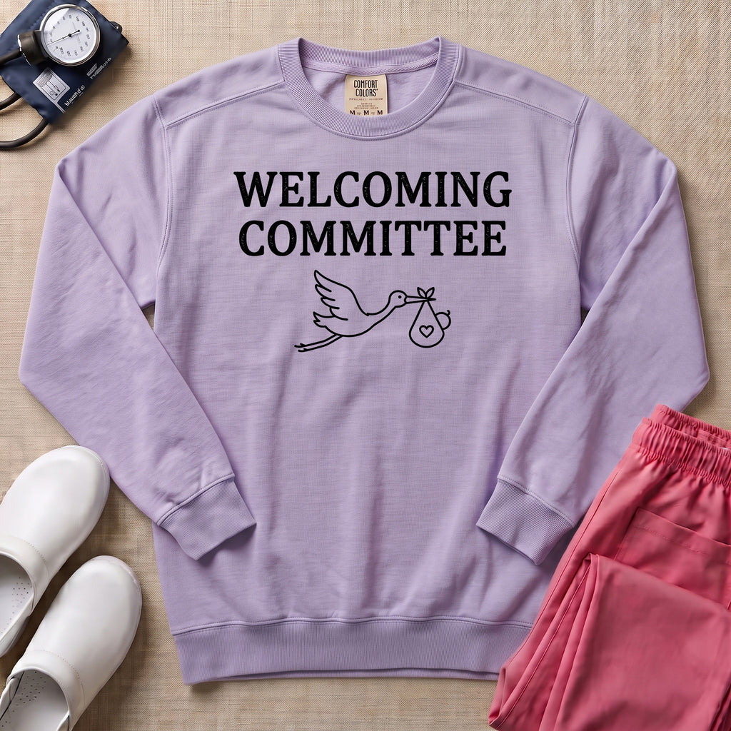 Welcoming Committee Stork Sweatshirt - Orchid Comfort Colors Sweatshirt | HugTee