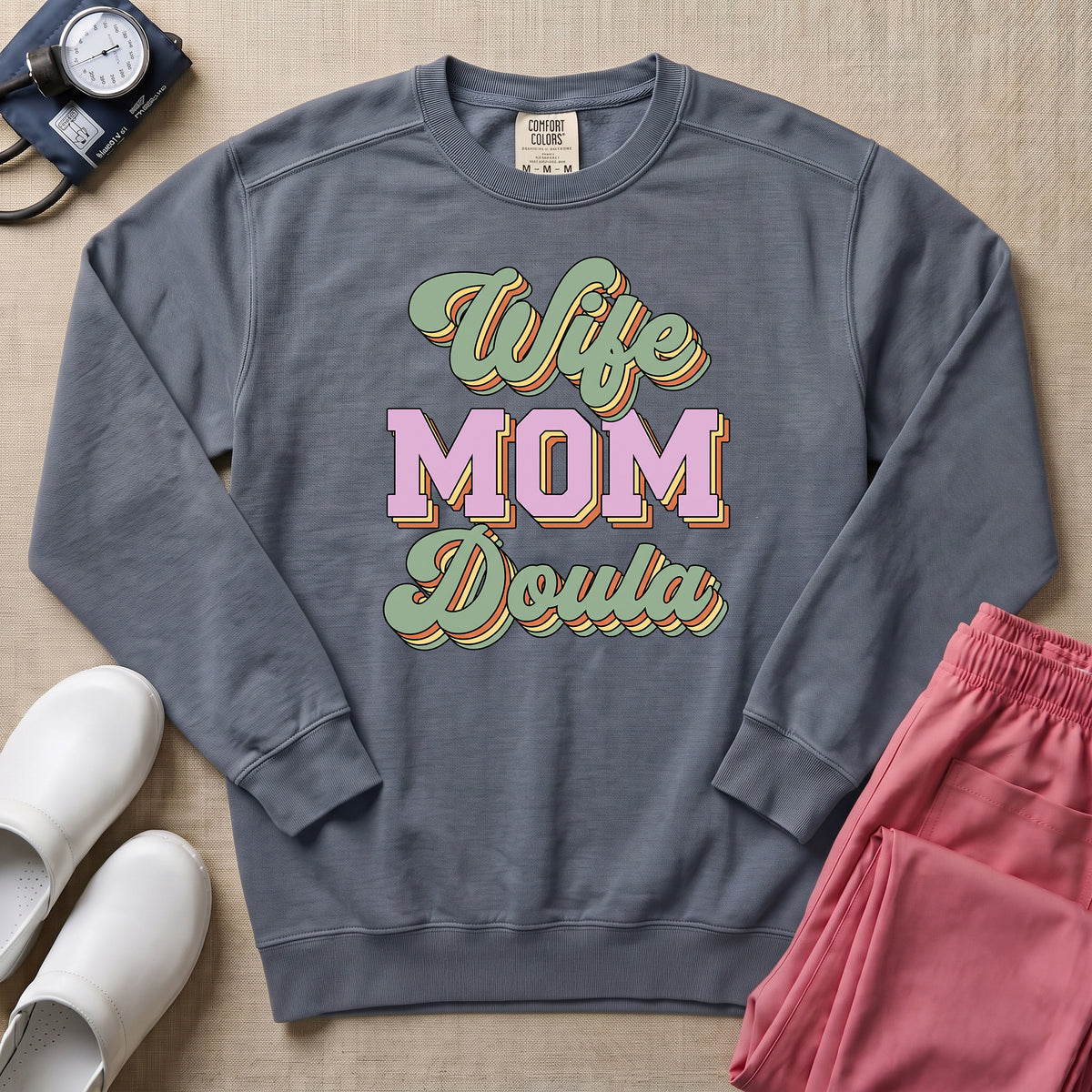 Retro Wife Mom Doula Groovy Birth Worker Sweatshirt - Blue Jean Comfort Colors Sweatshirt | HugTee