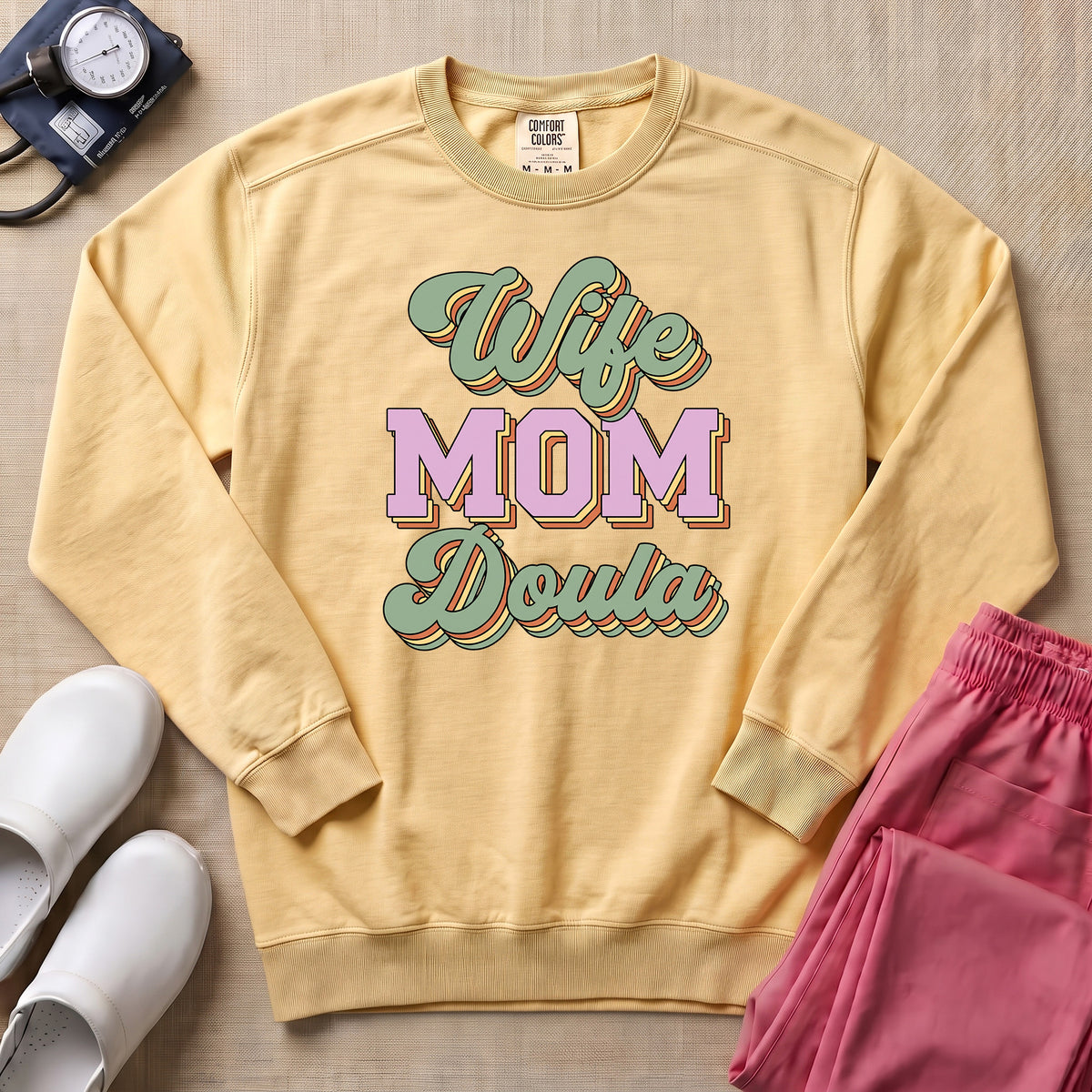 Retro Wife Mom Doula Groovy Birth Worker Sweatshirt - Butter Comfort Colors Sweatshirt | HugTee