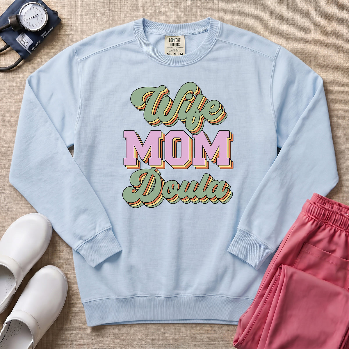Retro Wife Mom Doula Groovy Birth Worker Sweatshirt - Chambray Comfort Colors Sweatshirt | HugTee