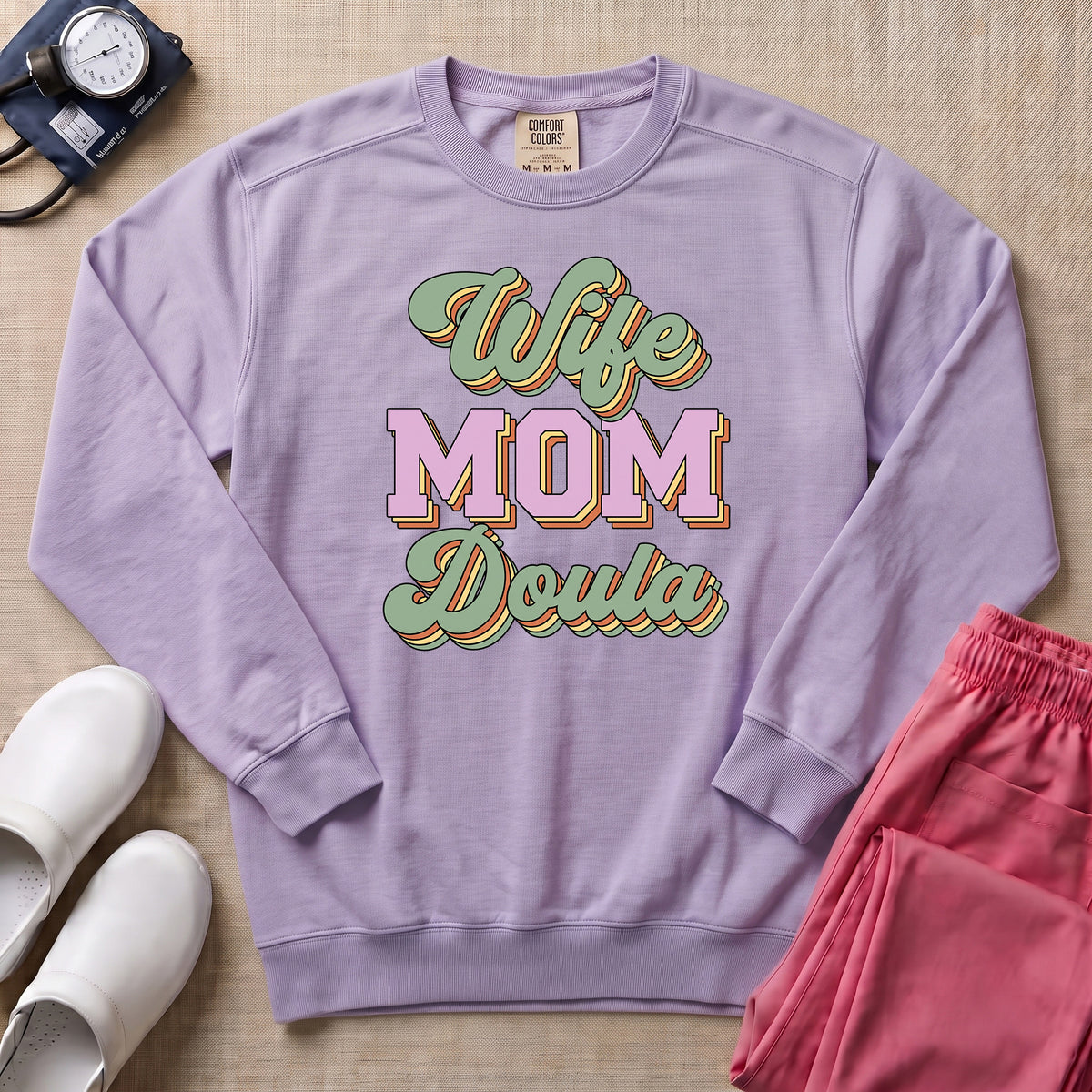 Retro Wife Mom Doula Groovy Birth Worker Sweatshirt - Orchid Comfort Colors Sweatshirt | HugTee