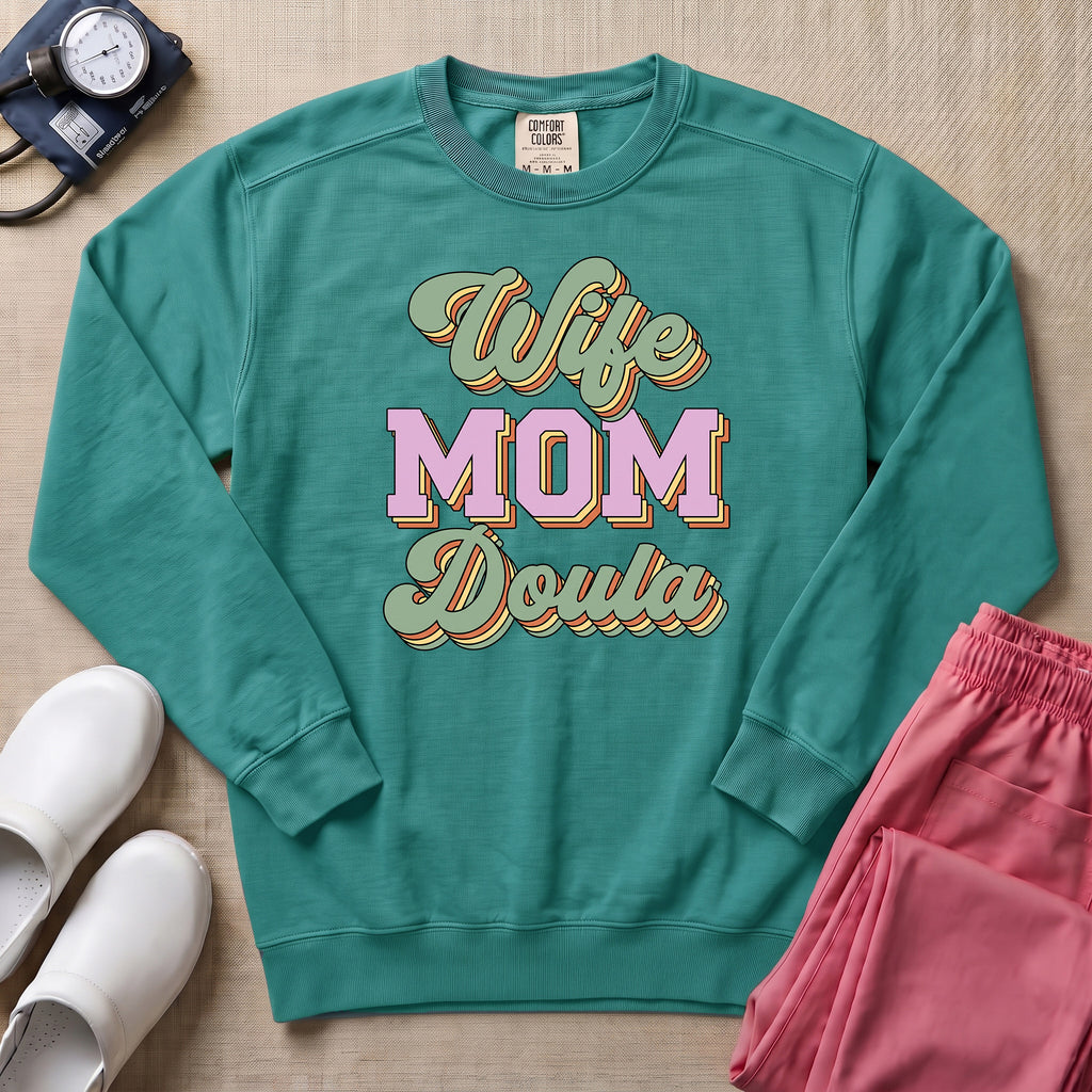 Retro Wife Mom Doula Groovy Birth Worker Sweatshirt - Seafoam Comfort Colors Sweatshirt | HugTee