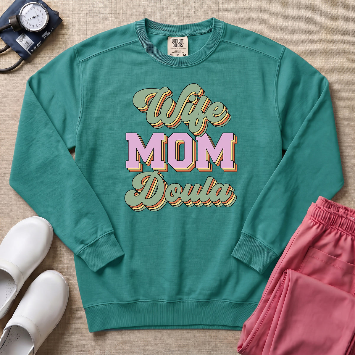 Retro Wife Mom Doula Groovy Birth Worker Sweatshirt - Seafoam Comfort Colors Sweatshirt | HugTee